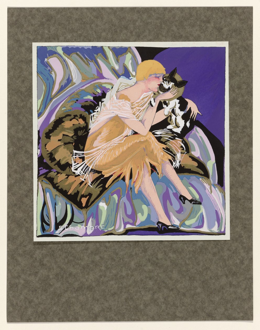 Femmes Modernes, 1926: Sittende kvinne med en katt av S Chompré