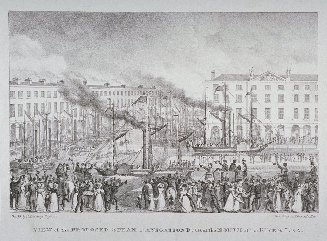 Utsikt over den foreslåtte dampnavigasjonsdokken ved munningen av elven Lea, ca. 1835 av S. Hemming