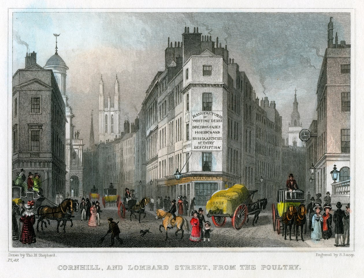 Cornhill og Lombard Street fra Poultry, City of London, 1830. av S. Lacey