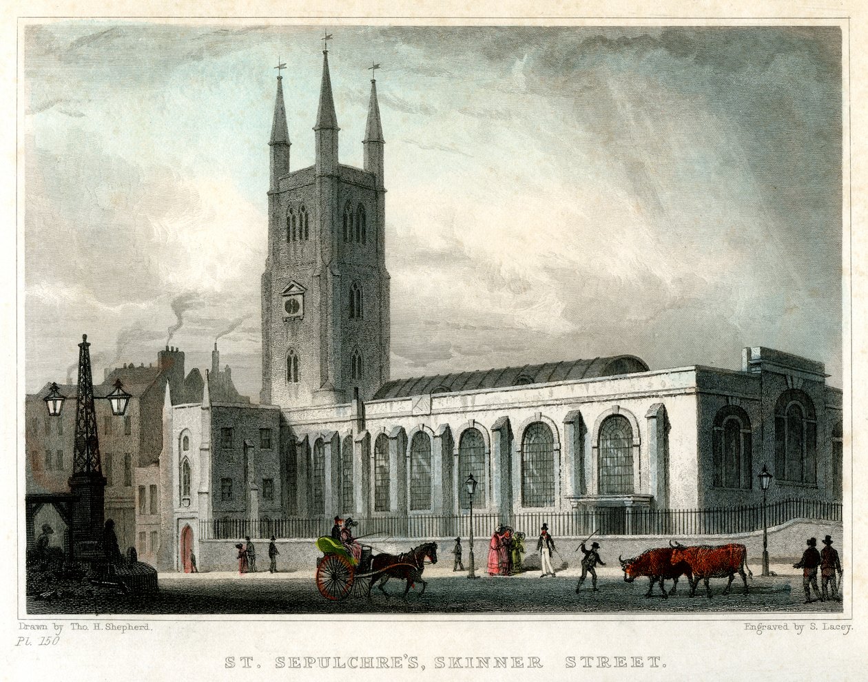 St Sepulchres Church, Skinner Street, City of London, c1830. av S. Lacey