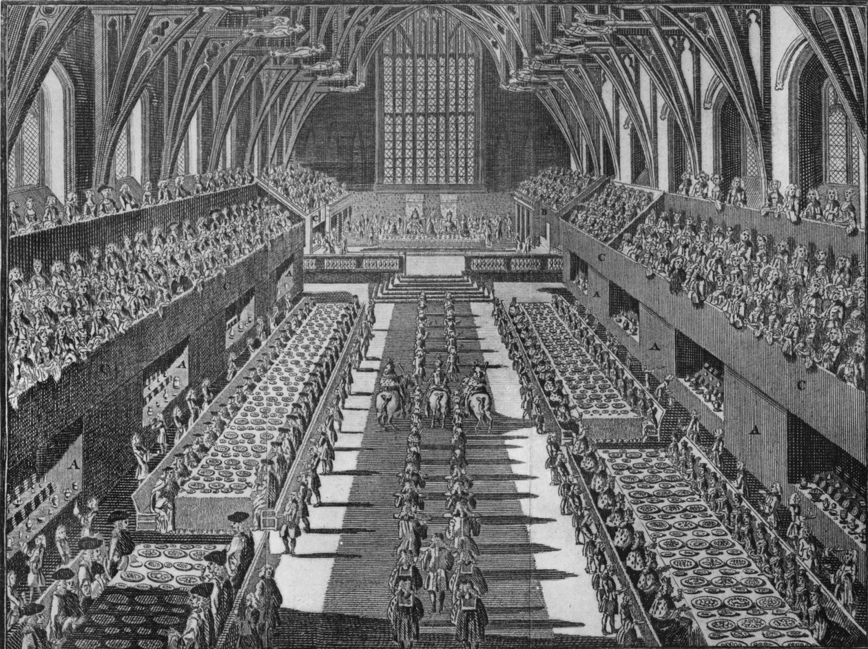 Interiøret i Westminster Hall ved kroningsbanketten til kong George II, 1727 1911 av S Moore