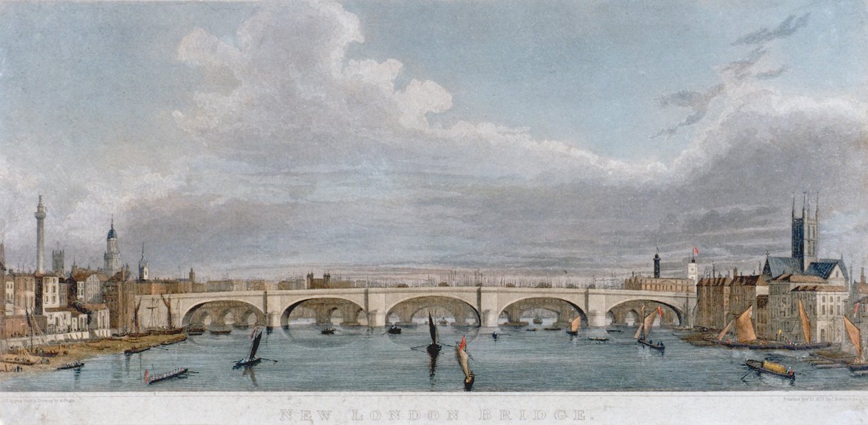 Utsikt over London Bridge fra vest med båter på Themsen, 1829 av S Rogers