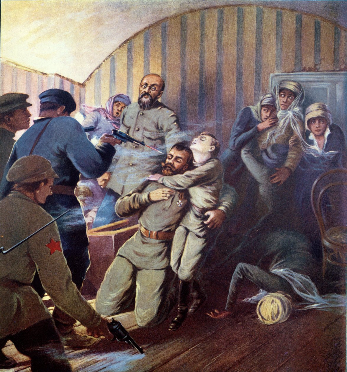 Henrettelse av tsar Nicholas II (1868-1918) og hans familie i Jekaterinburg, 17. juli 1918, fra Histoire des Soviets av H. de Weindel, 1923-24 av S. Sarmat