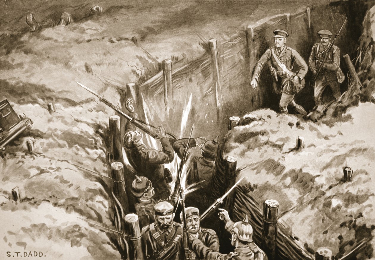 Sekundløytnant Turner leder et bombeangrep ned en tysk kommunikasjonsgrav (litho) av S. T. Dadd