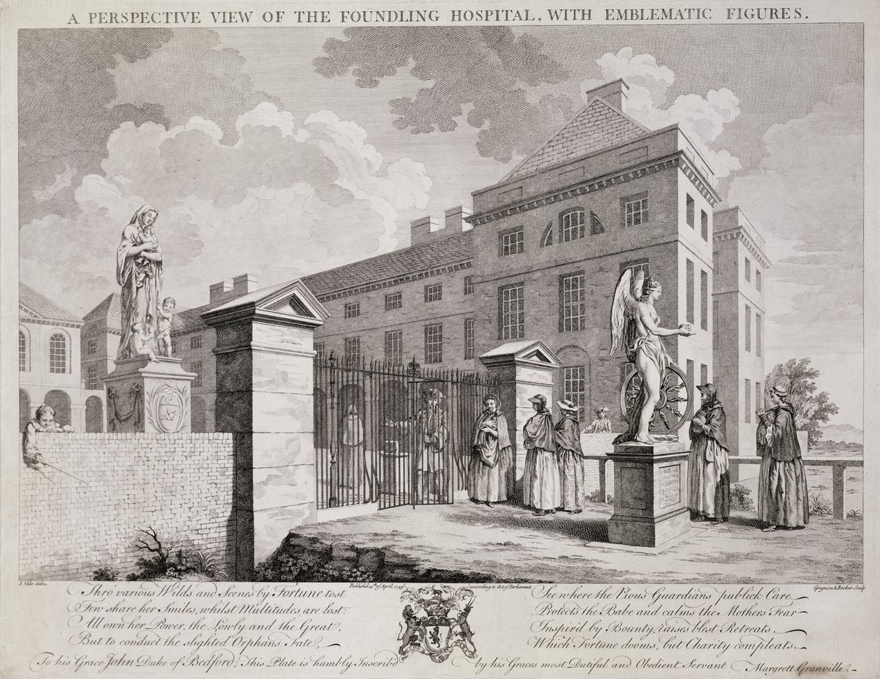 Et perspektivbilde av Foundling Hospital med emblematiske figurer, 1749 av S. Vale