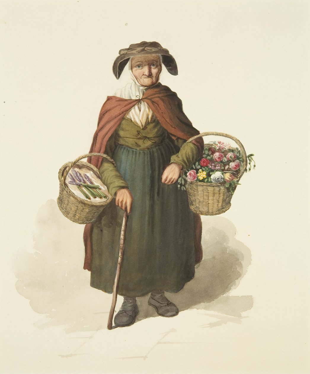 Old Kingswood Flower Seller, ca. 1828 (blyant og akvarell på papir) av S. or D. A. Peters