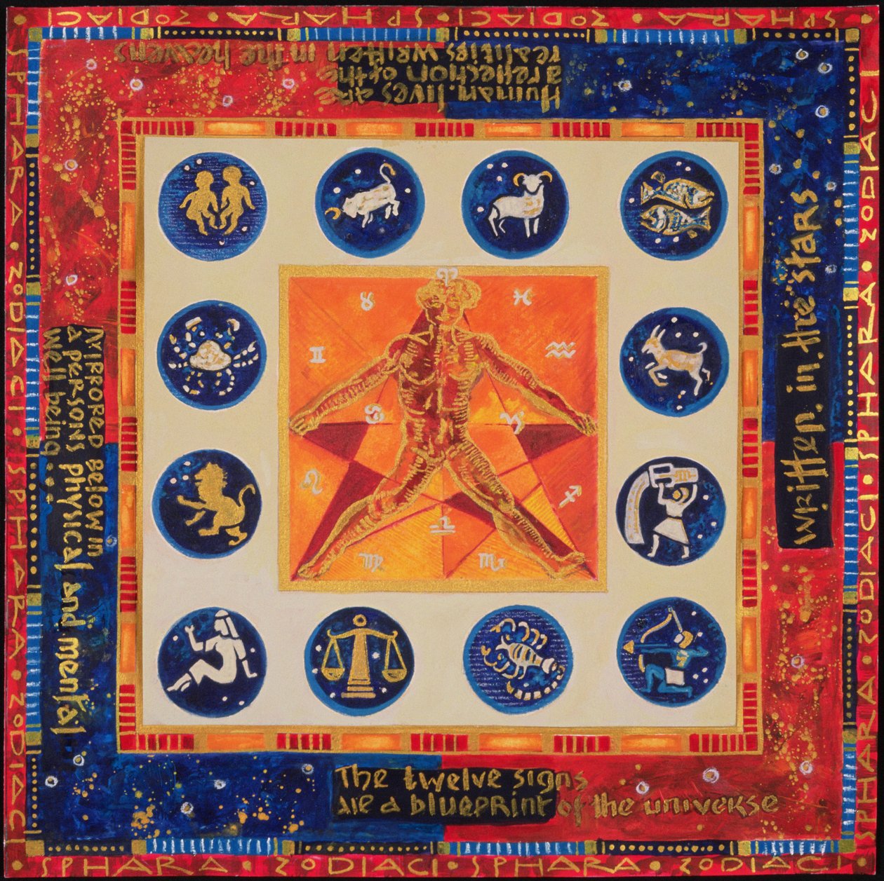 Astrologi, 1999 (akryl og gouache på papir) av Sabira Manek