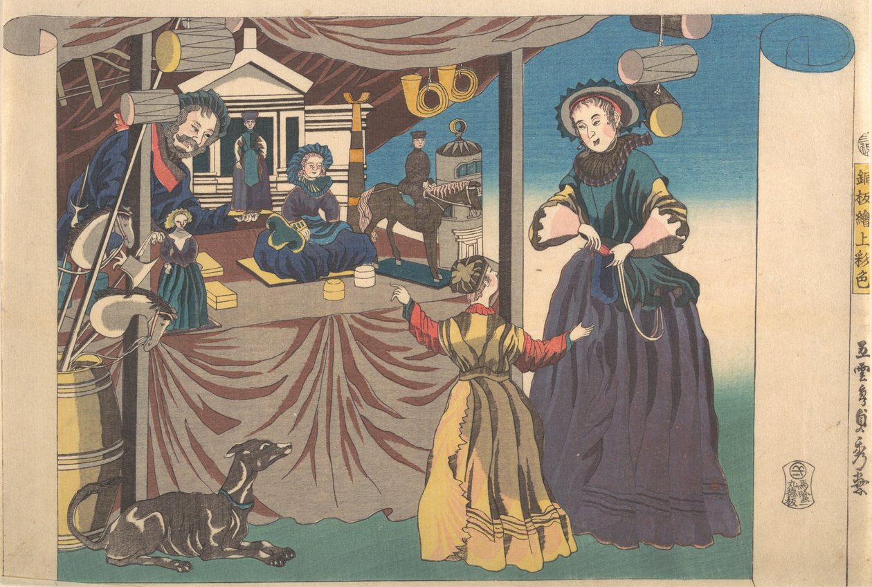 Fargetrykk av et kobberplate bilde av en leketøysbutikk, 1860. av Sadahide Utagawa