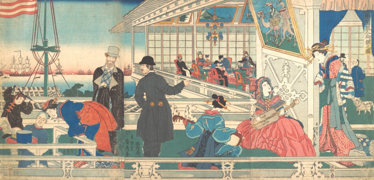 Hjem for utenlandske kjøpmenn i Yokohama, 9. måned, 1861. av Sadahide Utagawa