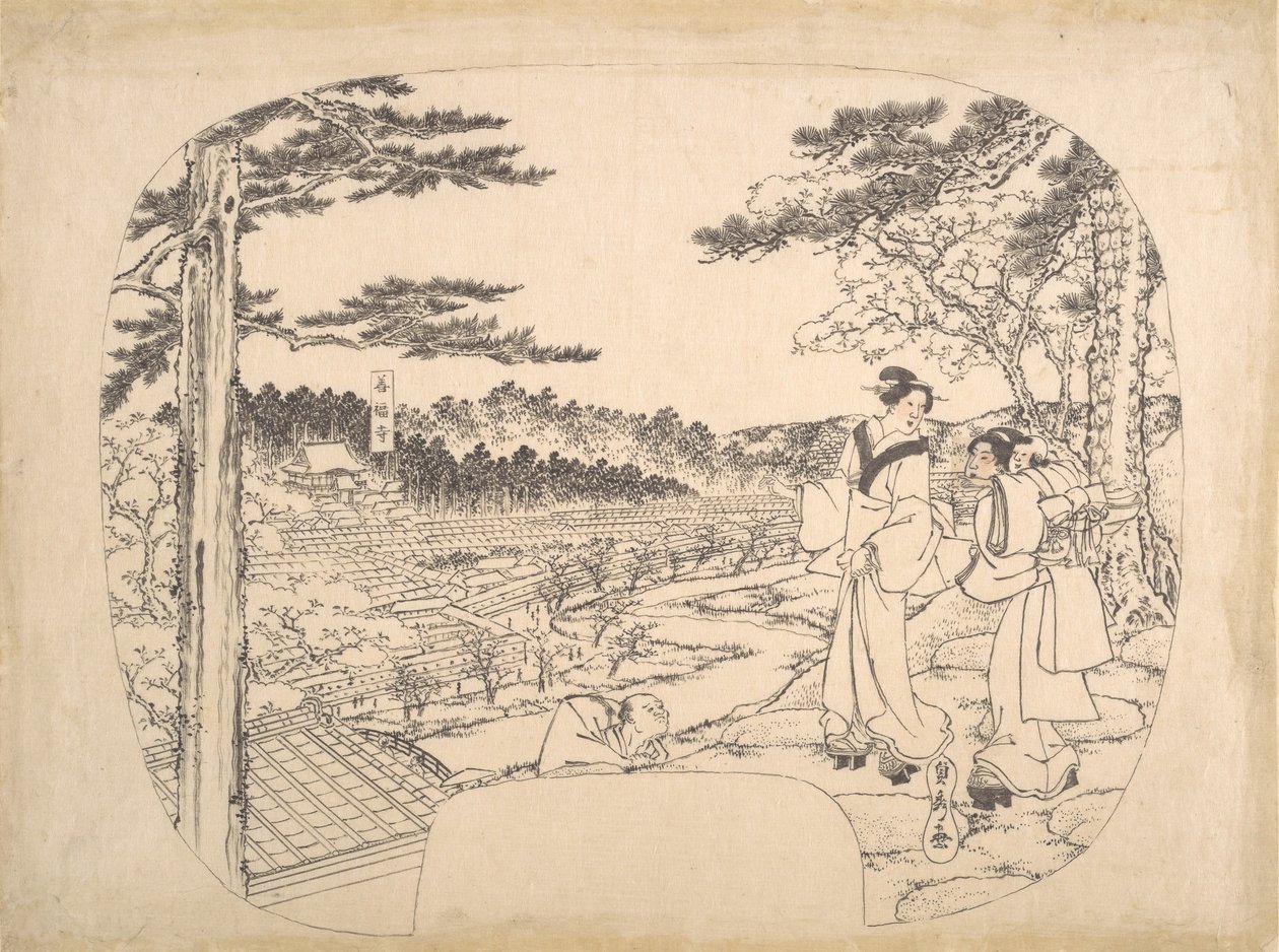 To kvinner som beundrer severdighetene fra et utsiktspunkt ... Zenpukuji-tempelet, 1800-tallet. av Sadahide Utagawa
