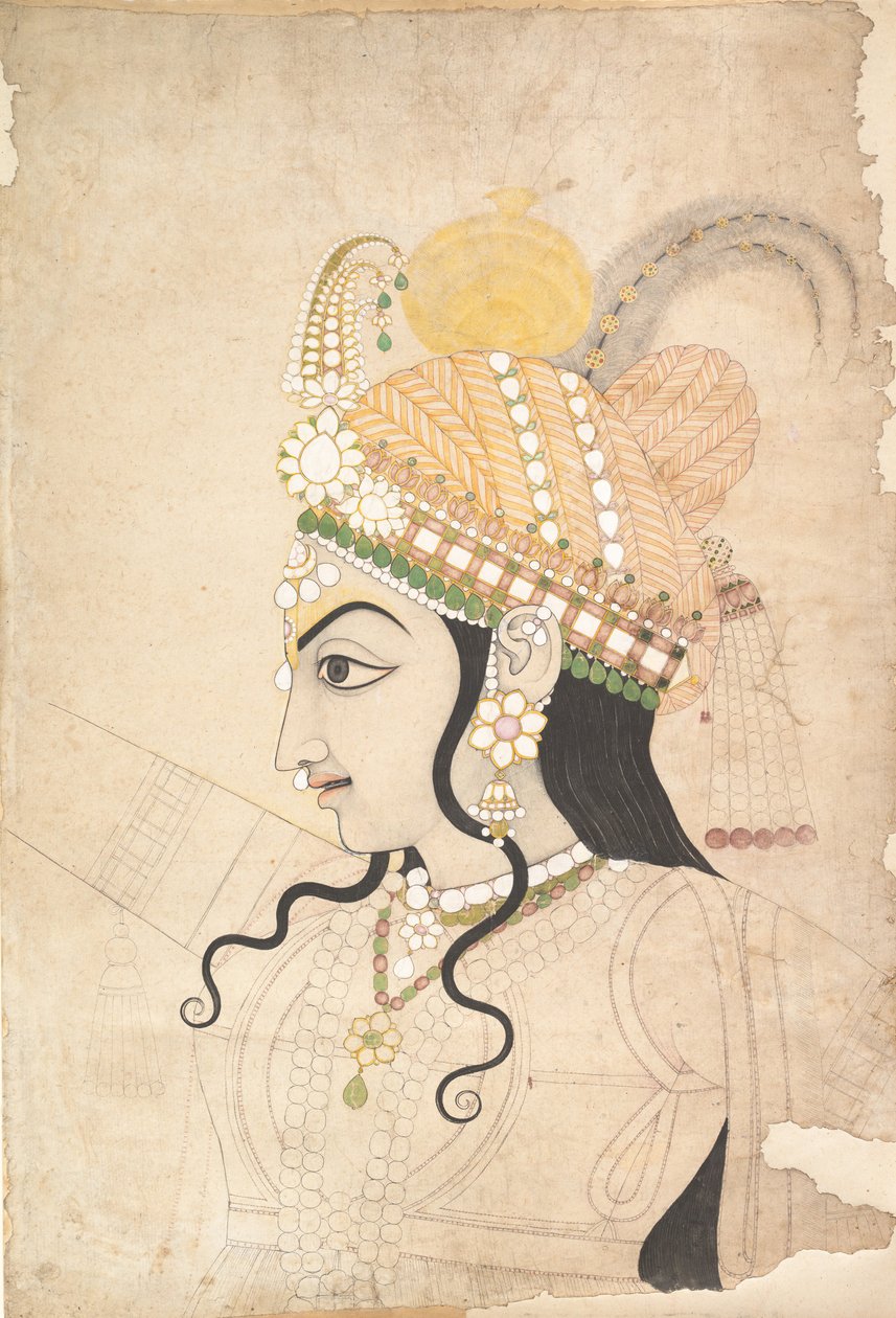 Head of Krishna: tegneserie for et veggmaleri av Raslila, ca. 1800. av Sahib Ram