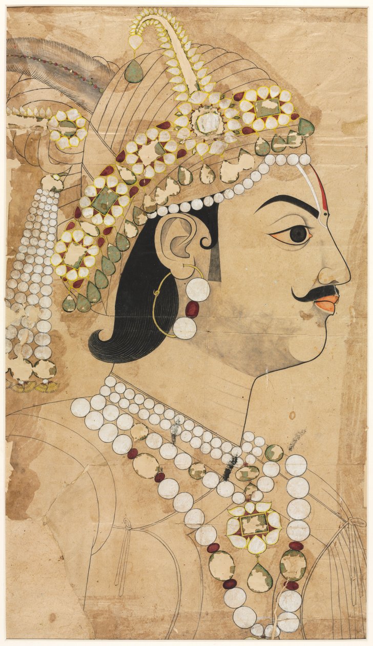 Portrett av Maharaja Pratap Singh 1764-1803, ca. 1793. av Sahib Ram