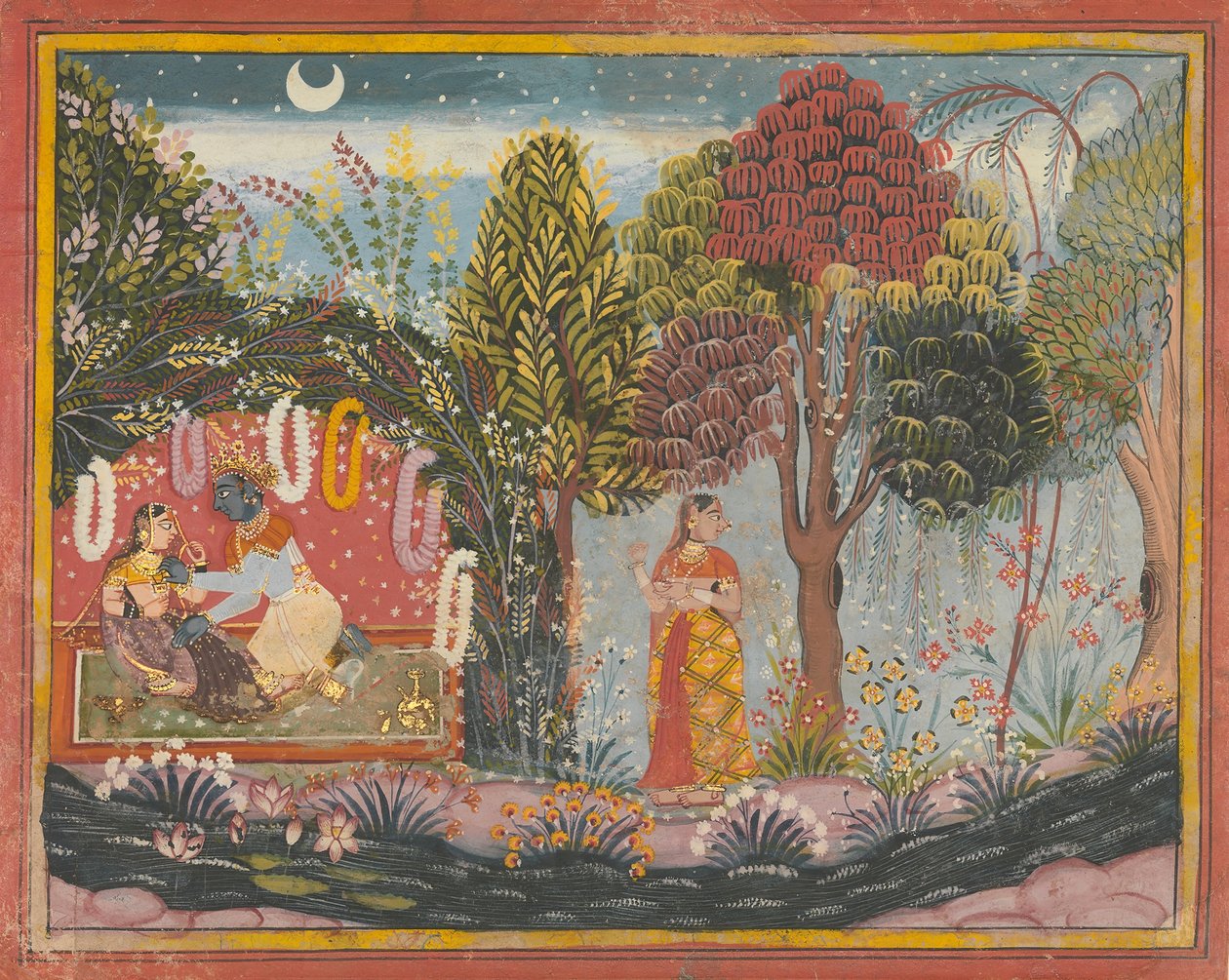 Krishna og Radha in a Bower: Page From a Dispersed Gita Govinda, ca. 1665. av Sahibdin