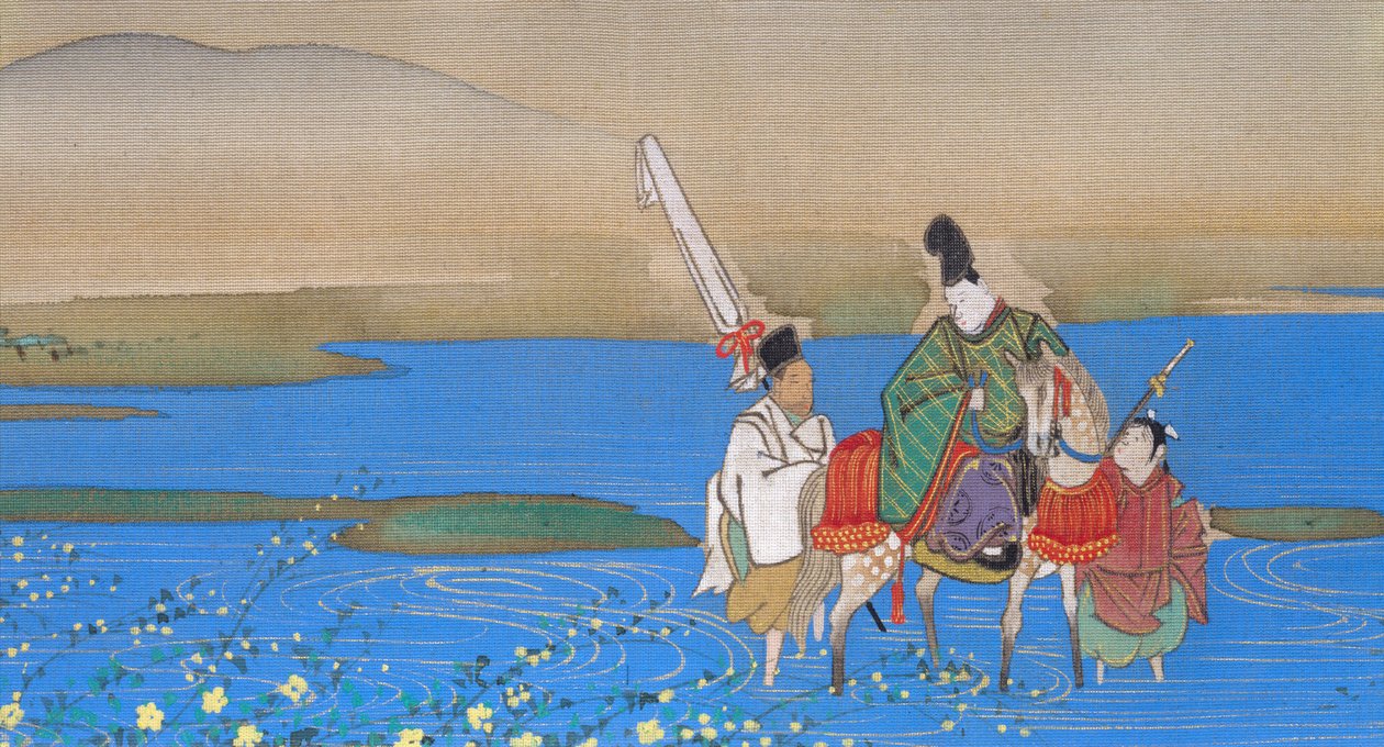 Mannlig hoffmann på hesteryggen krysser elven, ca. 1839 av Sakai Oho