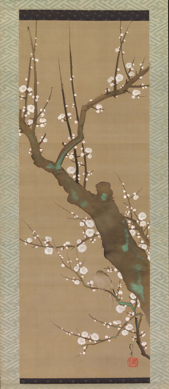 Bush Warbler Uguisu i et plommetre, tidlig på 1800-tallet. av Sakai Hoitsu