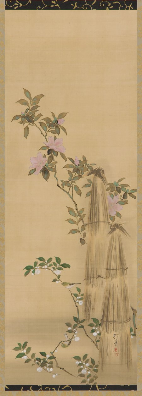 Rosa og hvite blomster og stråbelegg, Edo-perioden, 1761-1828. av Sakai Hoitsu