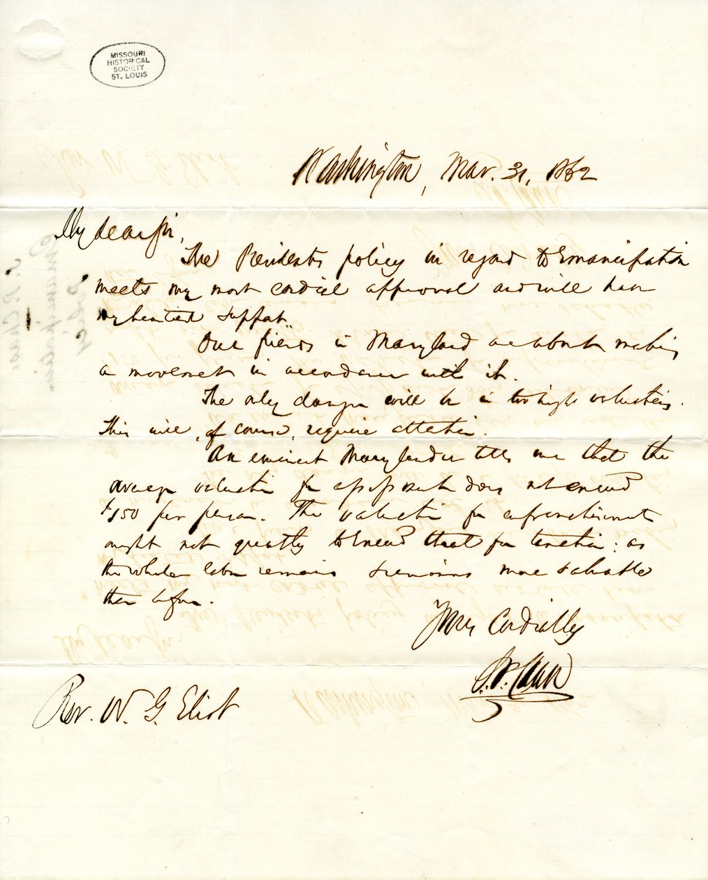 Brev signert S.P. Chase, Washington, til W.G. Eliot, 31. mars 1862 av Salmon P. Chase