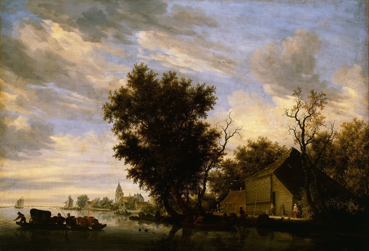 Elvescene med fergebåt av Salomon van Ruisdael or Ruysdael