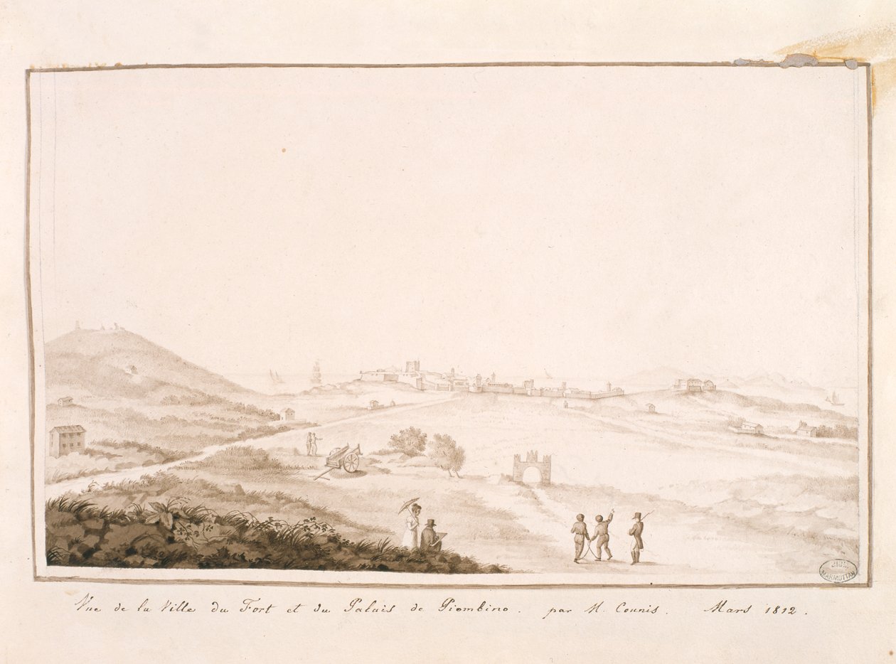 Utsikt over den befestede byen og Piombino-palasset, 1812 av Salomon Guillaume Counis