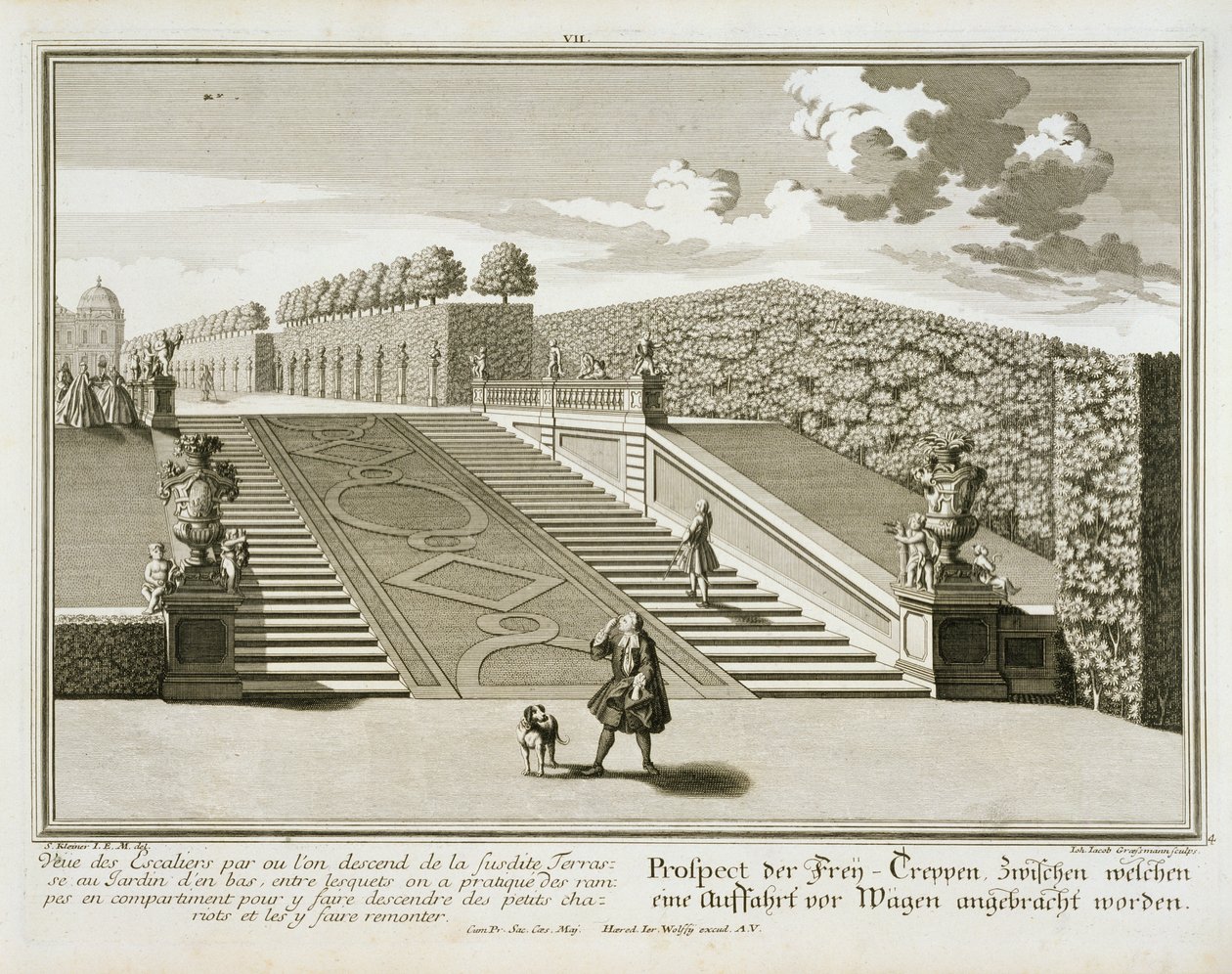 Trinn til hageterrassen, Belvedere-palasset, Wien, gravert av Johann Jacob Grossmann, utgitt ca. 1730-40 av Salomon Kleiner