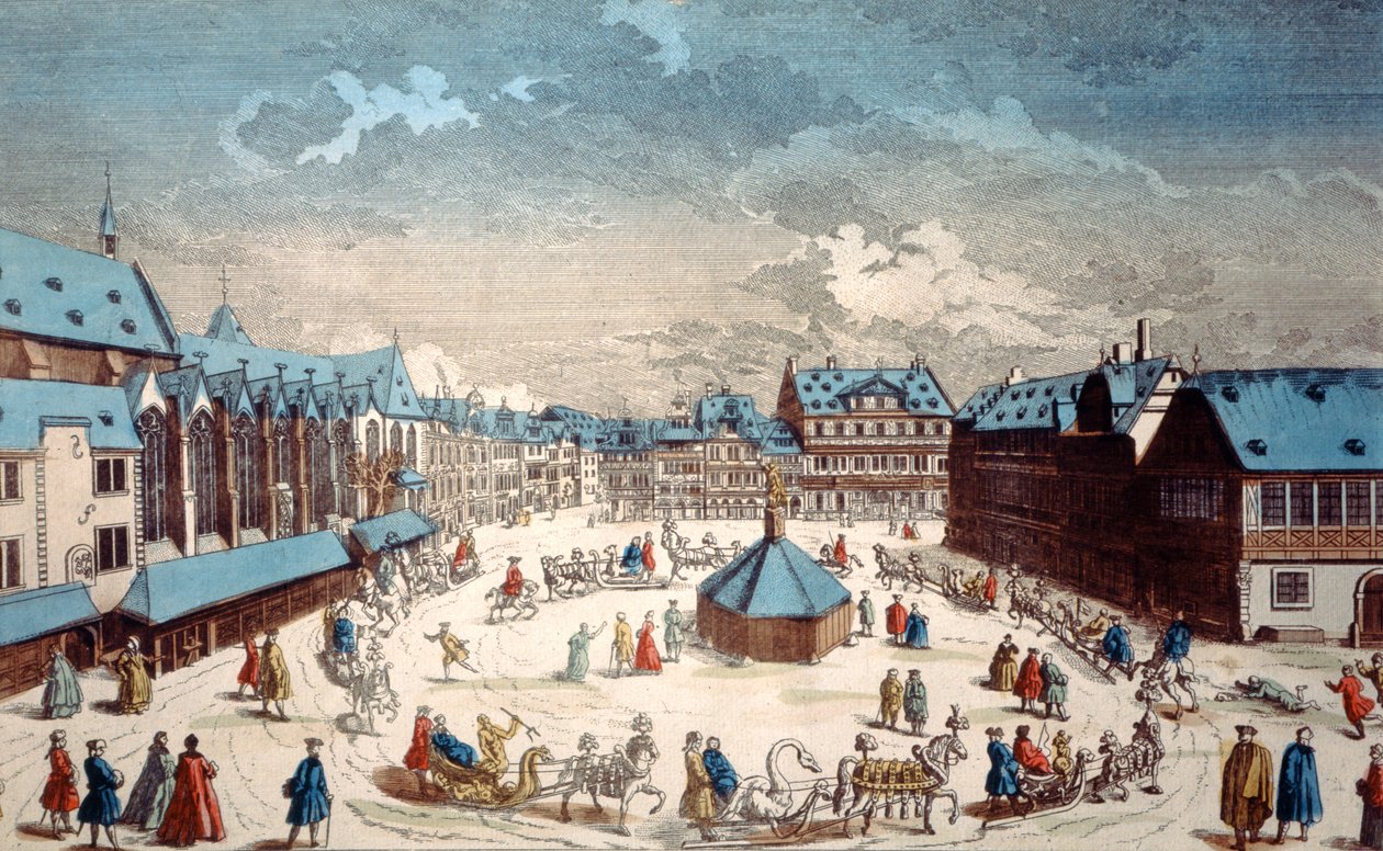 Utsikt over Liebfrauenberg-plassen om vinteren, Frankfurt am Main, 1738 av Salomon Kleiner