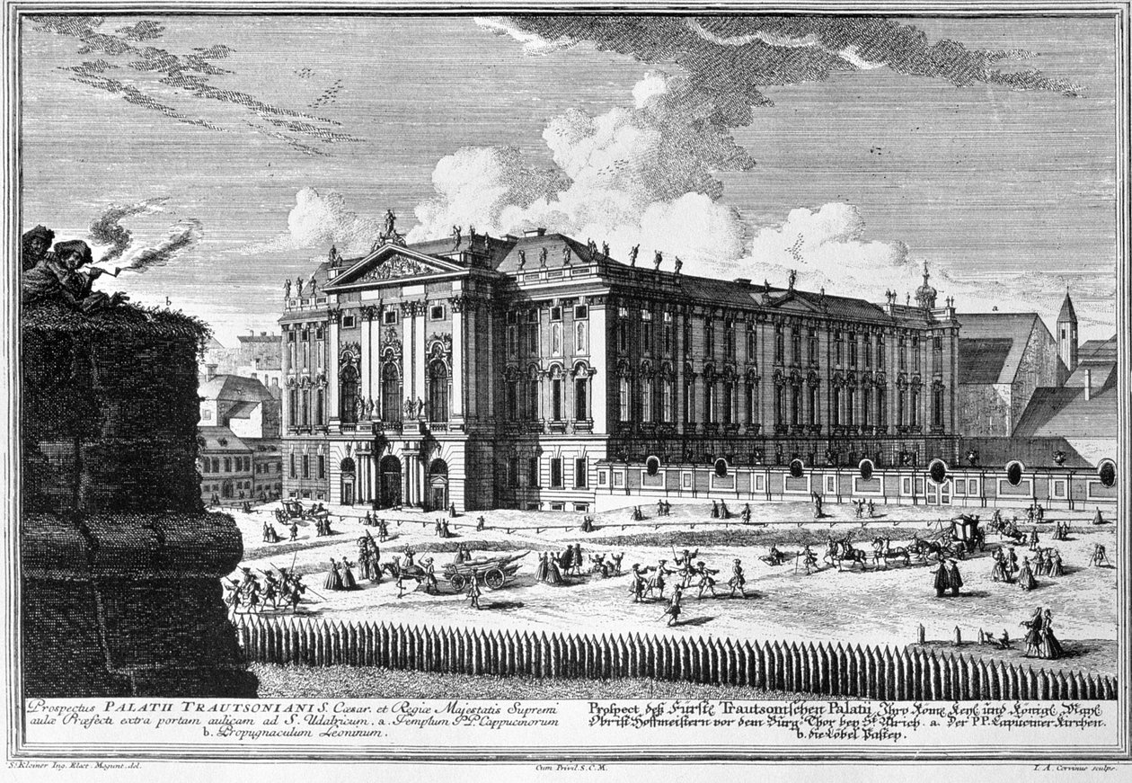 Utsikt over Trautson-palasset bygget for grev Johann Leopold Donat Trautson, designet av Johann Bernard Fischer von Erlach (1656-1723) i 1710, gravert av Johann-August Corvinus (1683-1738) av Salomon Kleiner
