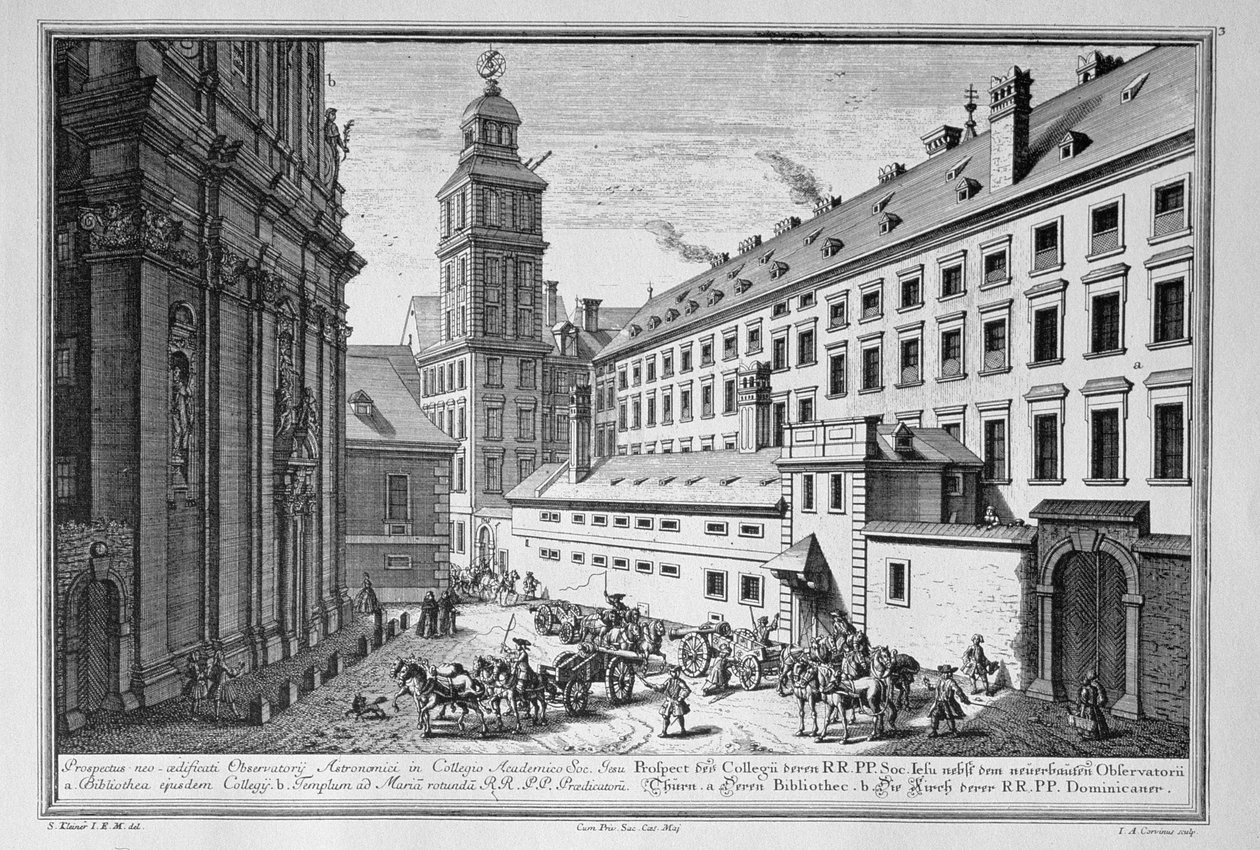 Utsikt over det nye observatoriet i Jesuit College, Wien, som også viser biblioteket og kirken St. Maria Rotunda gravert av Johann-August Corvinus (1683-1738) av Salomon Kleiner