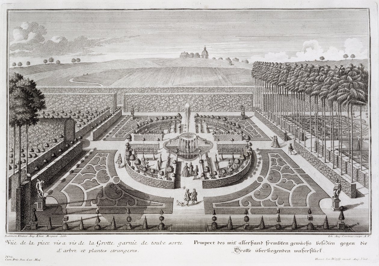 Utsikt over topiary-hagen ved siden av grotten, Geibach, gravert av Johann August Corvinus (1683-1738), publisert 1728 av Salomon Kleiner