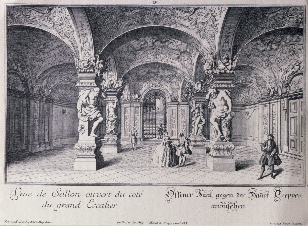 Hallen (Sala Terrena) i Upper Belvedere i Wien startet i 1721 av Johann Lukas von Hildebrandt, gravert av Thelot av Salomon after Kleiner