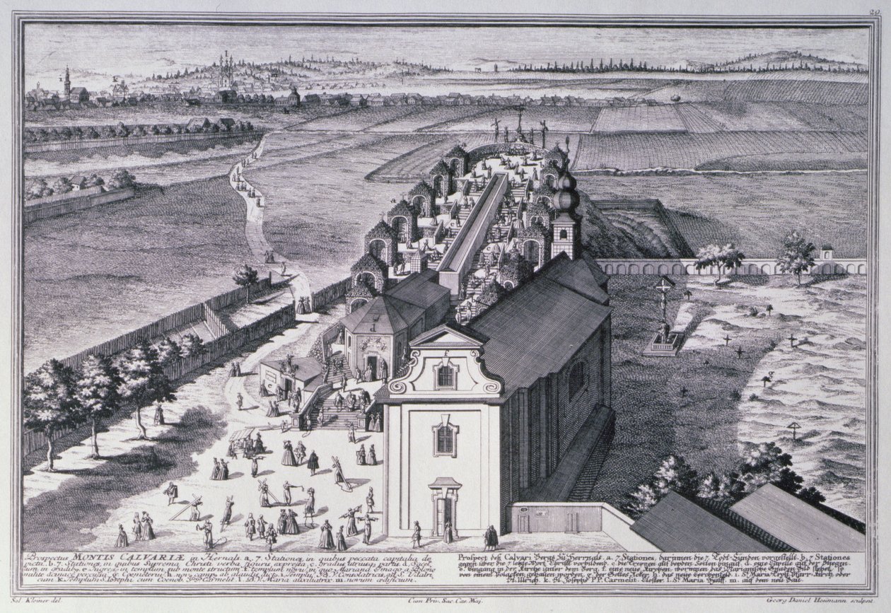 Utsikt over Golgata Hill nær Wien gravert av Georg-Daniel Heumann (1691-1759) av Salomon after Kleiner