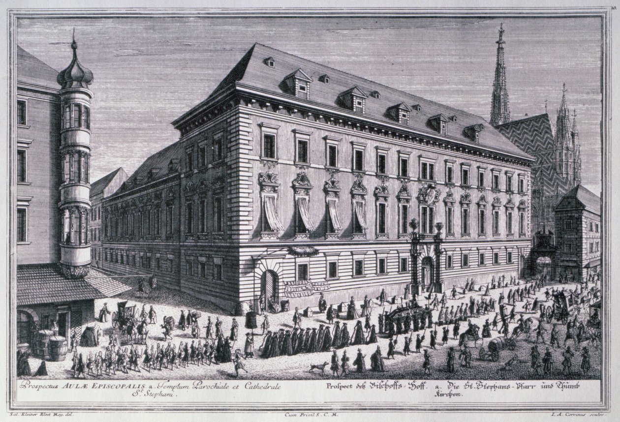 Utsikt over en begravelsesprosesjon med St. Stephens-katedralen i bakgrunnen gravert av Johann-August Corvinus (1683-1738) av Salomon after Kleiner