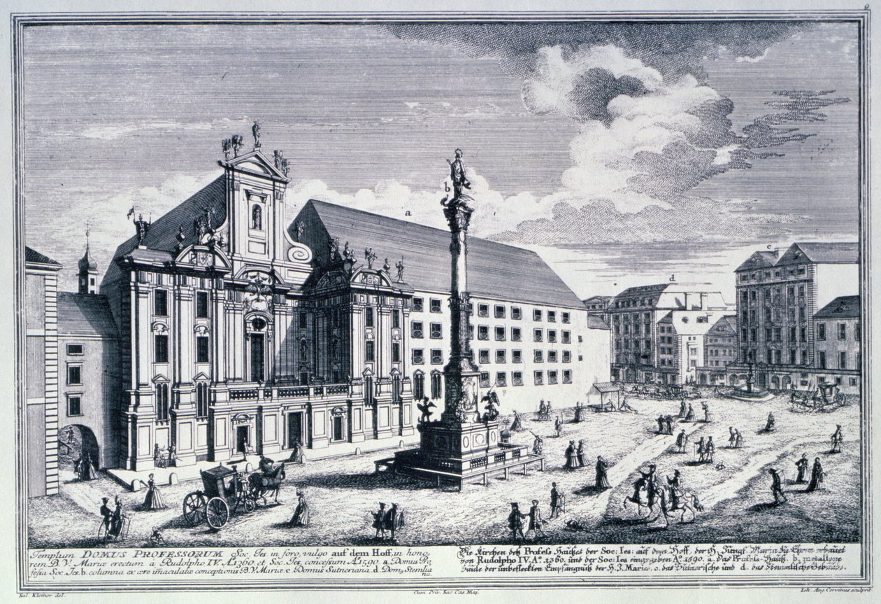 Utsikt over Am Hof-plassen som viser Mariensaule eller Vår Frues søyle gravert av Johann-August Corvinus (1683-1738) av Salomon after Kleiner