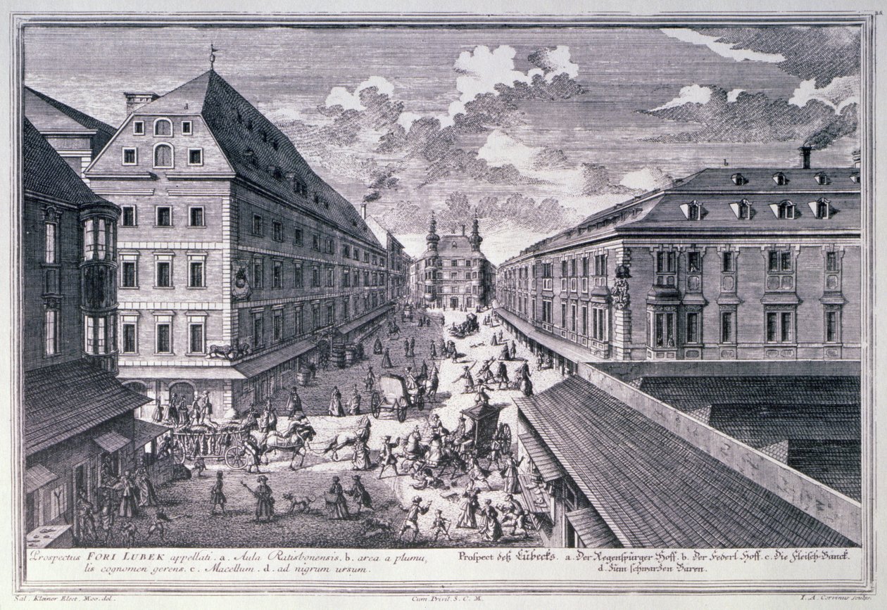 Utsikt over Fori Lubek gravert av Johann-August Corvinus (1683-1738) av Salomon after Kleiner