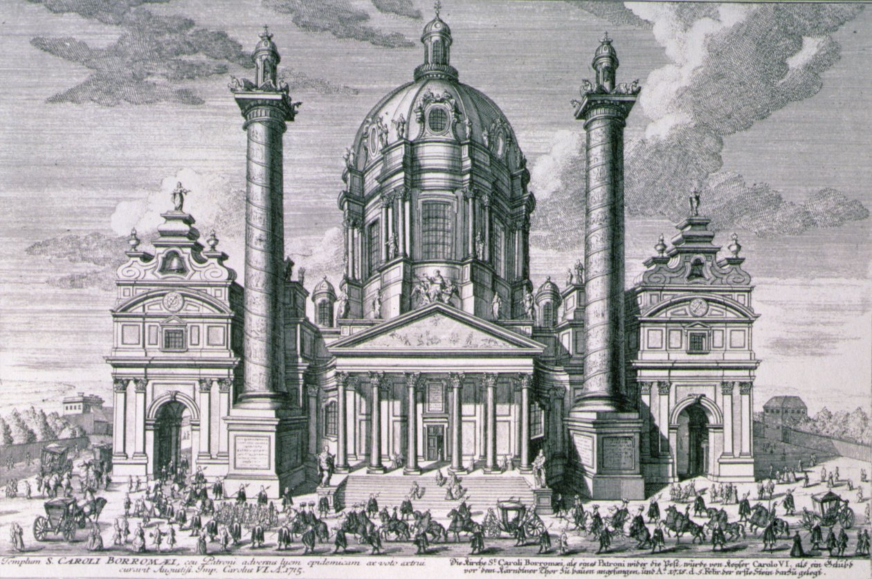 Utsikt over Karlskirche, Wien gravert av Hieronymous Sperling (1695-1777) av Salomon after Kleiner