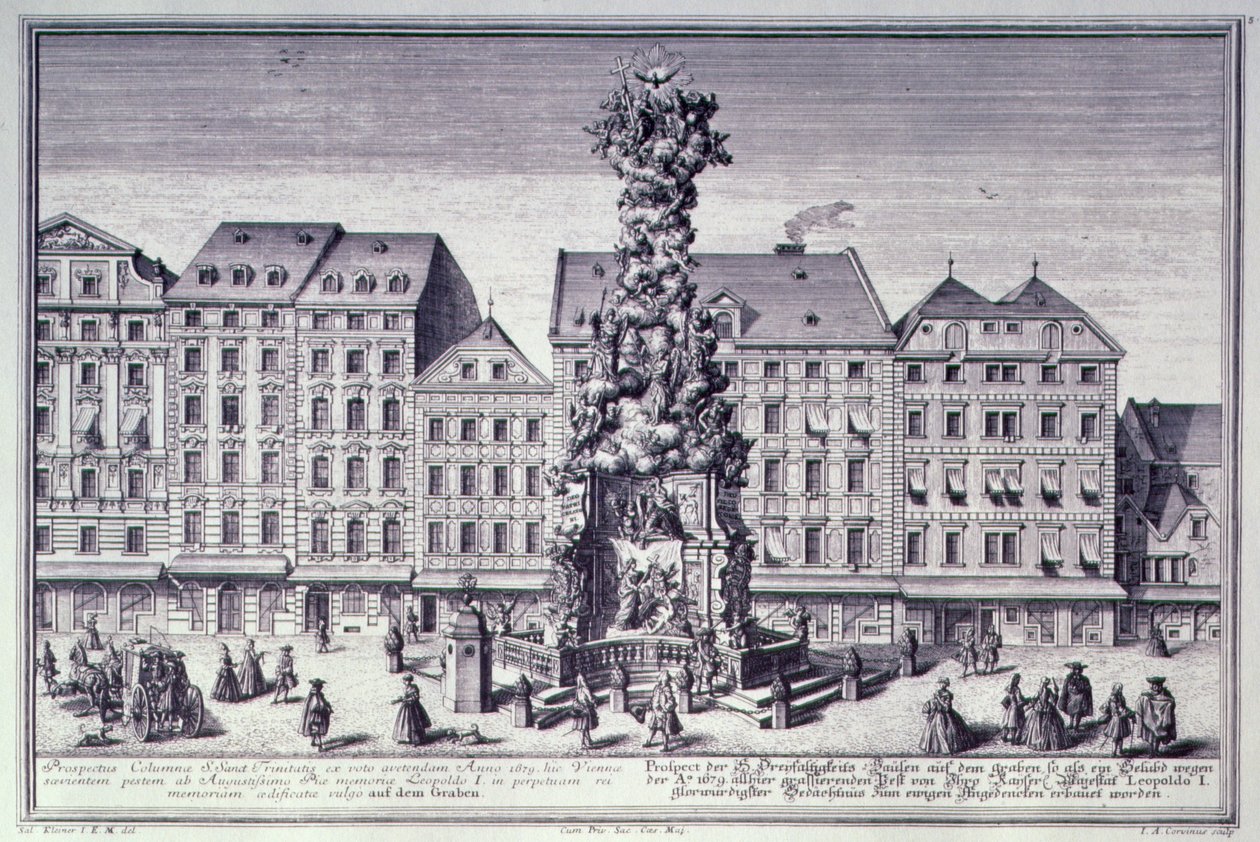 Utsikt over Pestsaule, pestsøylen bestilt av keiser Leopold I for å minnes Wiens utfrielse fra pesten i 1679, utviklet av jesuittene og henrettet av Matthias Rauchmiller, Lodo av Salomon after Kleiner