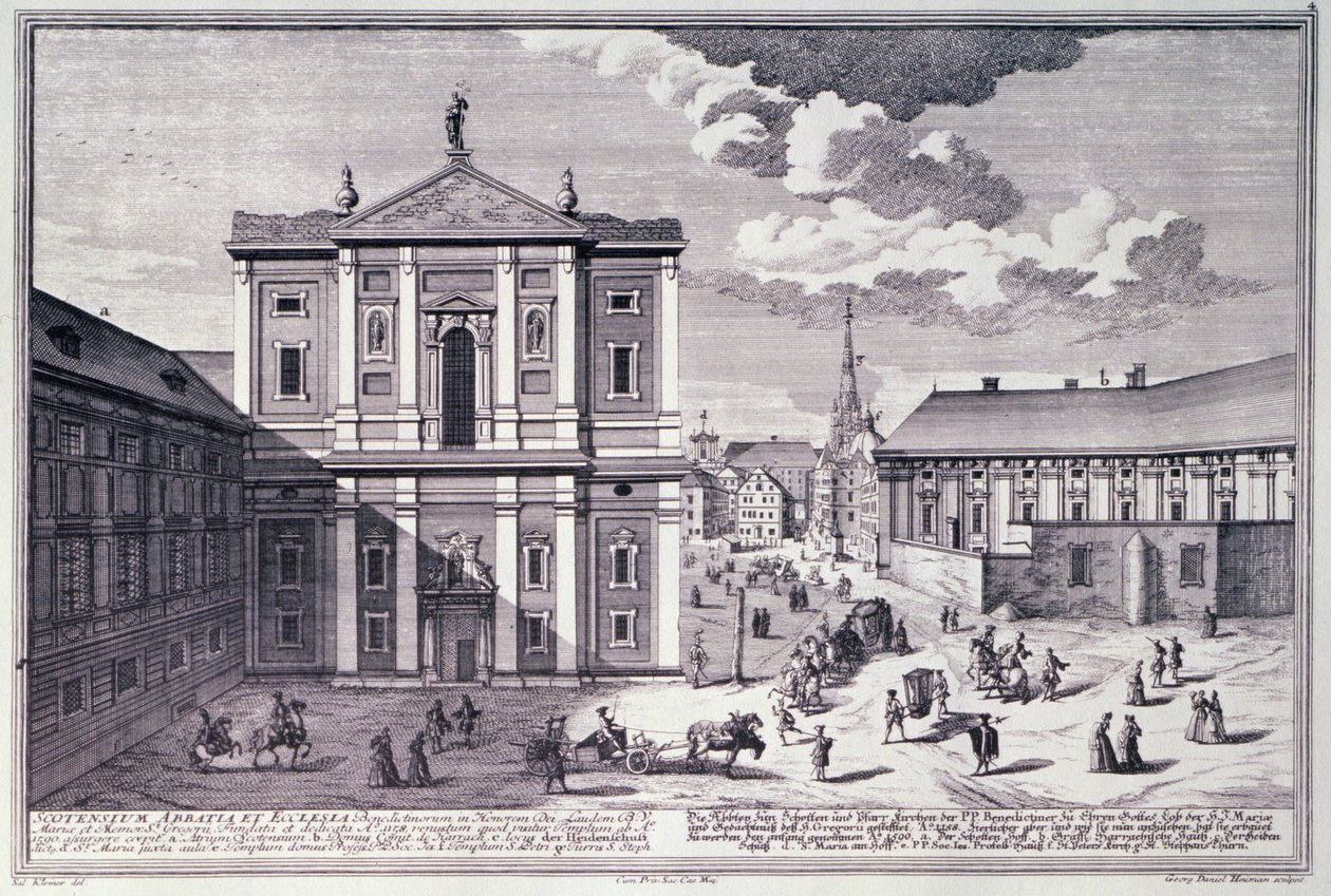 Utsikt over Schottenkirche (skotsk kirke) gravert av George-Daniel Heumann (1692-1759) av Salomon after Kleiner