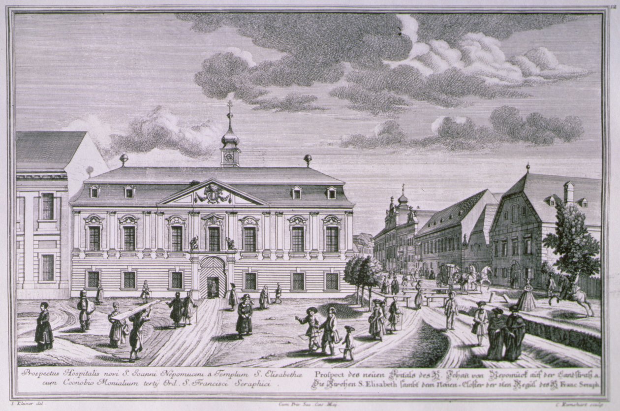 Utsikt over det nye sykehuset til St. John Nepomuk, Wien, gravert av Karl Remshard (1678-1735) av Salomon after Kleiner