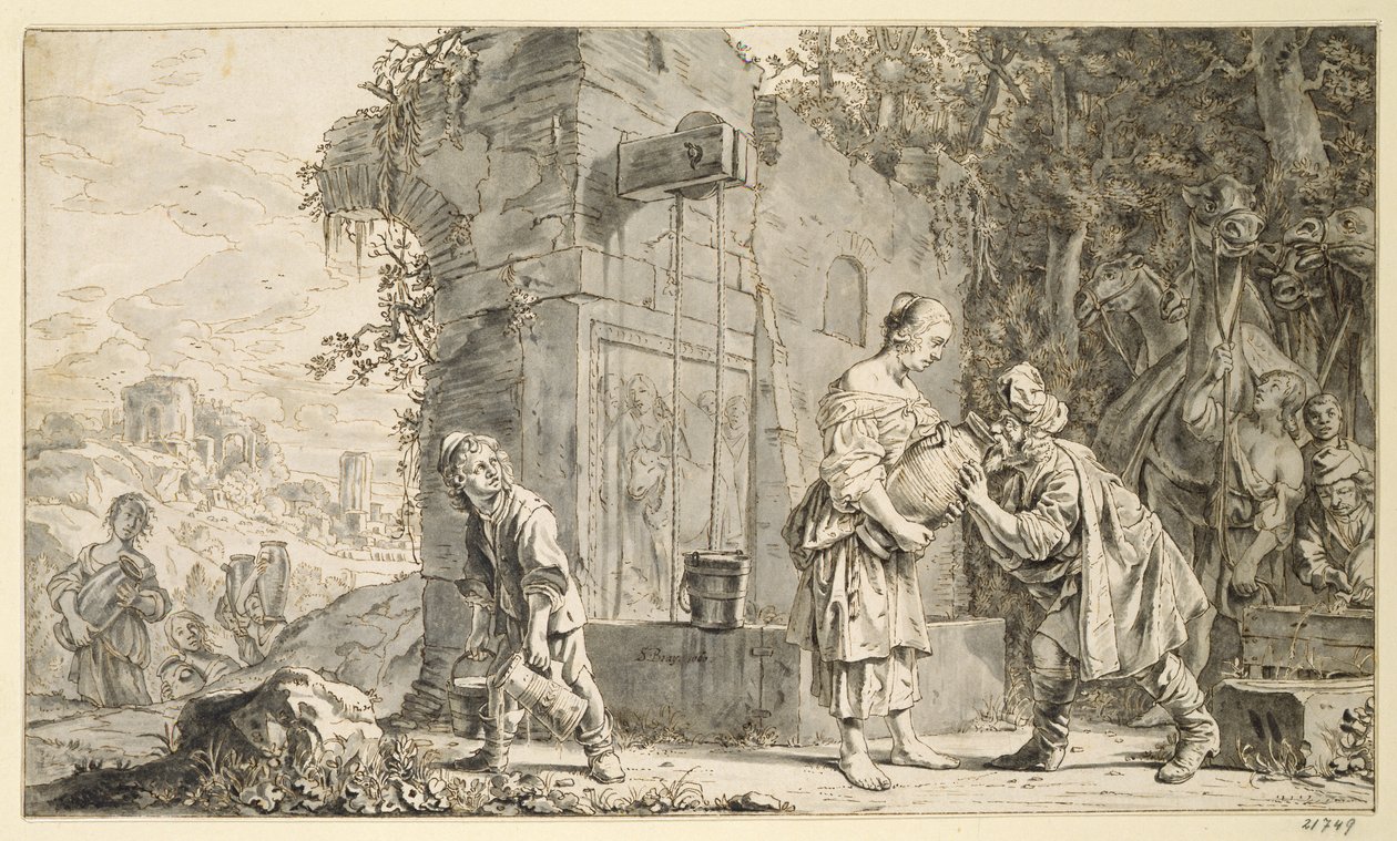 Rebecca og Eliezer, 1660 (penn og blekk og vask på papir) av Salomon de Bray