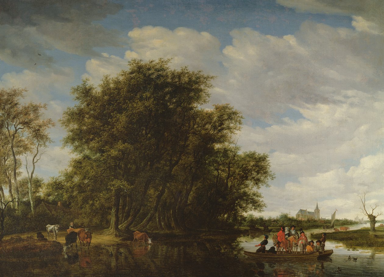 Et elvelandskap med figurer i en ferge av Salomon van Ruisdael or Ruysdael