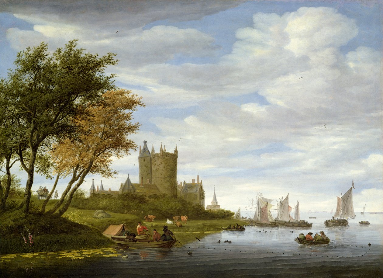 Elvemunning med et slott av Salomon van Ruisdael or Ruysdael