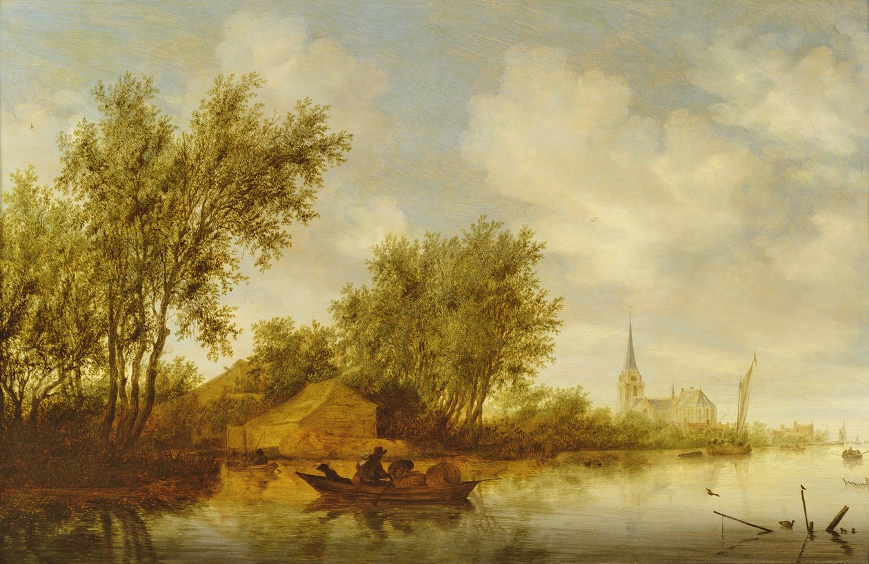 Elvelandskap med kirke av Salomon van Ruisdael or Ruysdael