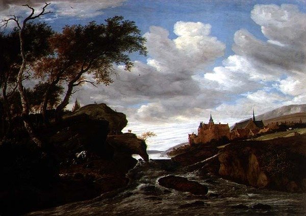 Steinete landskap med en foss, 1665 av Salomon van Ruisdael or Ruysdael