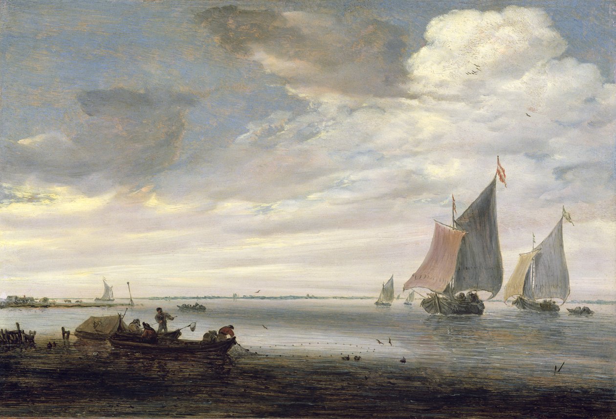 Bred elvemunning med båter, ca. 1660 av Salomon van Ruisdael or Ruysdael