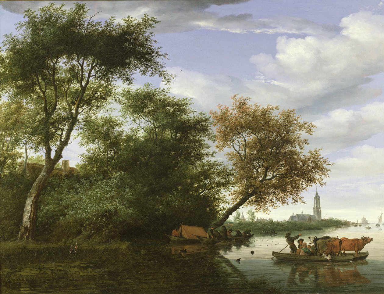 Skogkledd elvelandskap med figurer og storfe på en ferge av Salomon van Ruisdael or Ruysdael