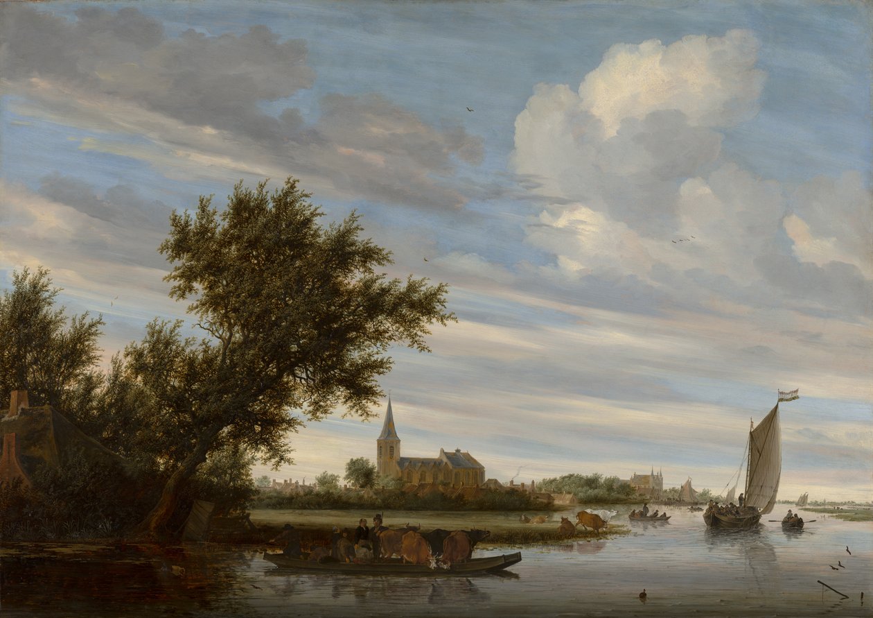Elveutsikt med kirke og ferge av Salomon van Ruisdael or Ruysdael
