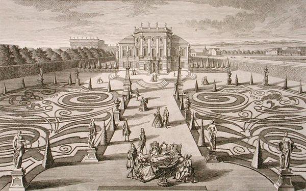 Østerriksk hus og hage, gravert av Johann August Corvinus (1683-1738), publisert ca. 1730-40 (gravering) av Salomon (after) Kleiner