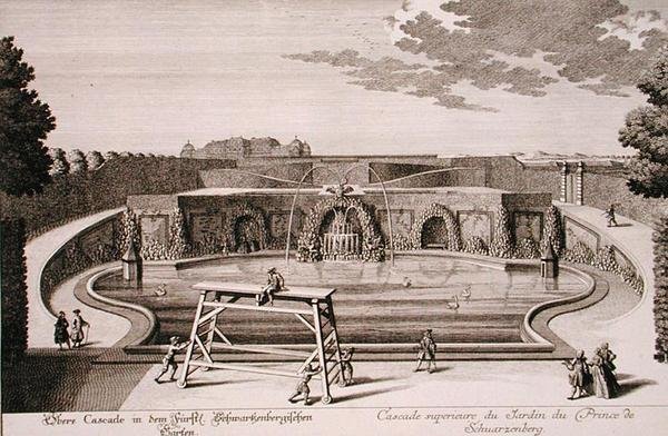 Stor fontene i hagen til prinsen av Schwarzenberg, Wien, gravert av Georg-Daniel Heumann (1691-1759), publisert ca. 1724-37 (gravering) (se også 170853) av Salomon (after) Kleiner