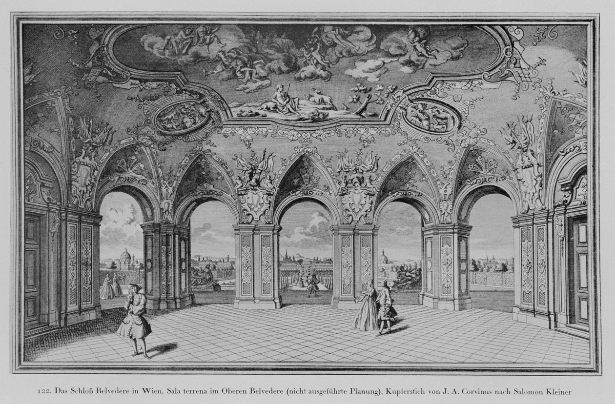 Oberes Belvedere: Sala terrena, uutført design, gravert av Johann August Corvinus (litho) av Salomon (after) Kleiner