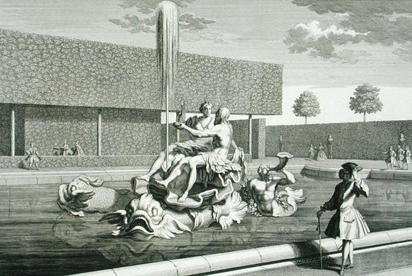 Neptunus og Thetis-fontenen ved Belvedere-palasset, Wien, gravert av Jakob Gottlieb Thelott (ca. 1711-75), publisert ca. 1730-40 (gravering) av Salomon (after) Kleiner