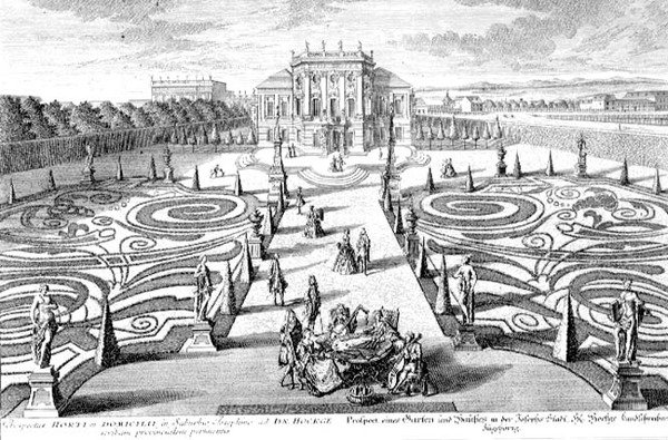 Utsikt over en hage og et hus i Josefstadt, Wien, gravert av Johann August Corvinus (1683-1738) (gravering) av Salomon (after) Kleiner